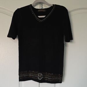 Vintage Black V-Neck Short Sleeve Knit with Embellishments